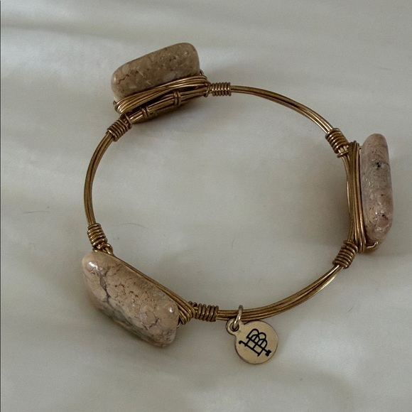 Bourbon and Bowties Jewelry - Bourbon and Bowties Beige Stone Wire Bangle with Logo Charm